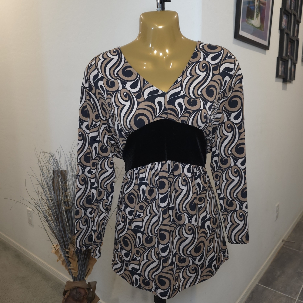 Y2K Attention Top Women XL Brown Black Swirls Babydoll Velvet Tie Back